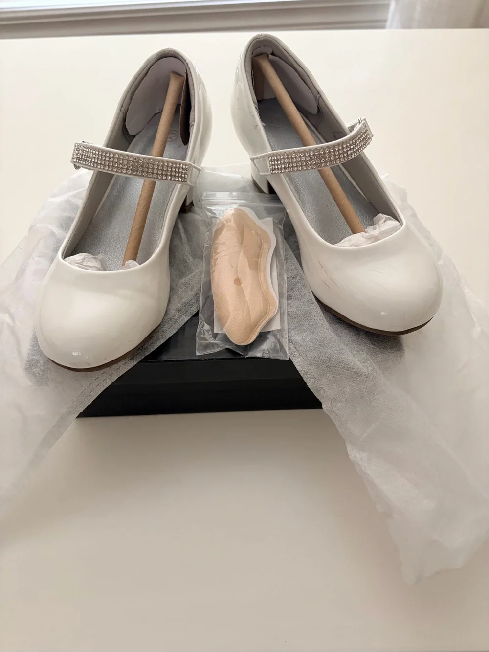 Girls' White Patent Mary Jane Dress Heels with Rhinestone Strap